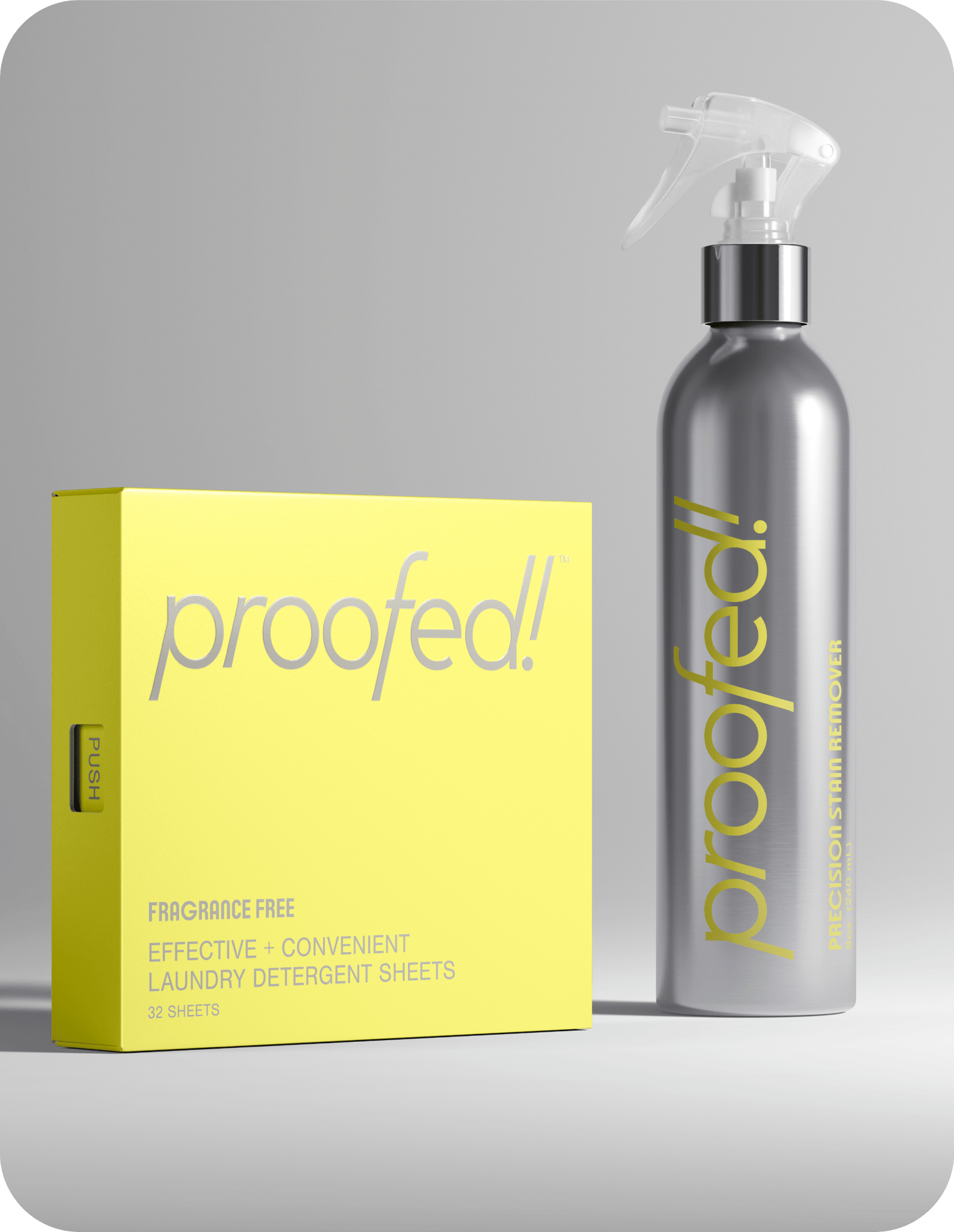 Load image into Gallery viewer, A gray bottle labeled 'PROOFED! Precision Stain Remover' next to a yellow box with 'PROOFED!' and 'FRAGRANCE-FREE EFFECTIVE CONVENIENT LAUNDRY DETERGENT SHEETS' printed on it.

